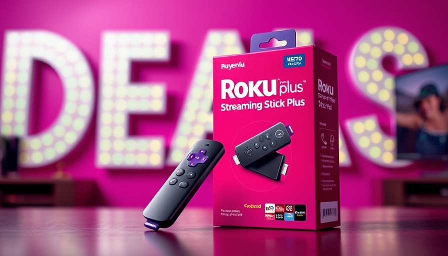 Roku Streaming Stick Plus with remote on vibrant deals background.