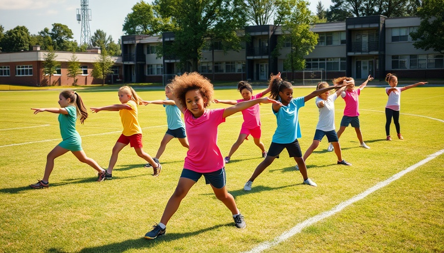 All-girls charter middle school students in Denver stretching on field.