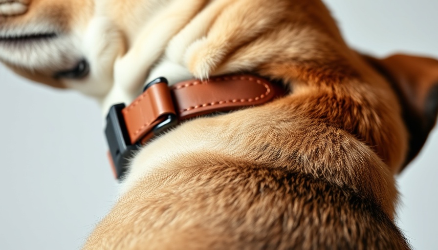 Close-up of dog wearing a brown safety collar.