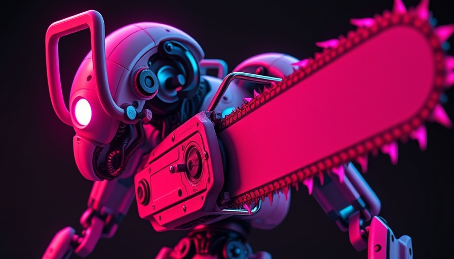 Futuristic AI robot with chainsaw attachment in vibrant colors