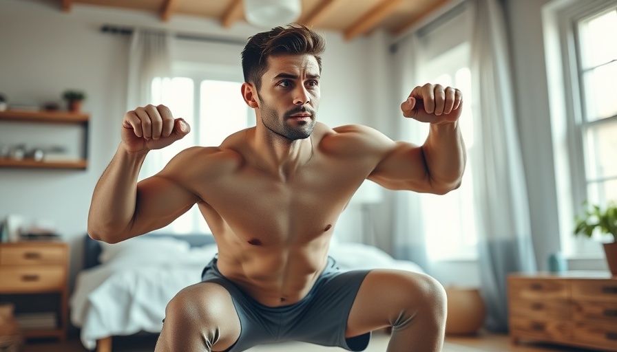 Man performing body-weight exercises at home in cozy bedroom