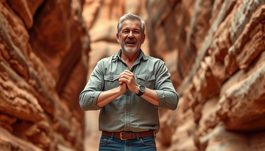 Middle-aged man in natural rock setting, entertainment in Denver.