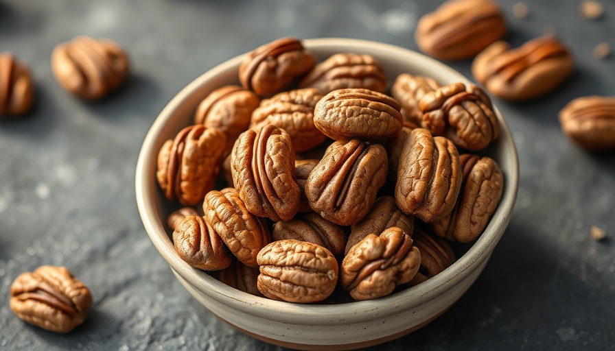 Whole pecans in a ceramic bowl highlighting health benefits of pecans.