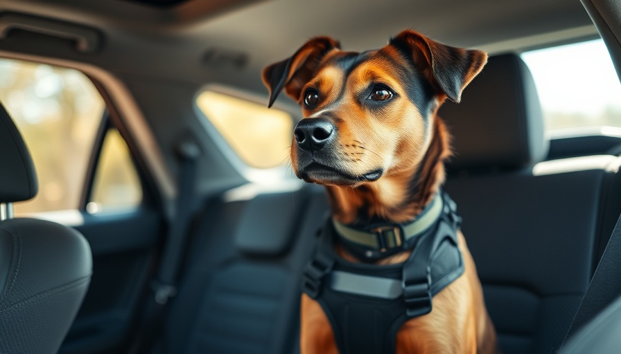 Dog wearing car safety harness in vehicle backseat.