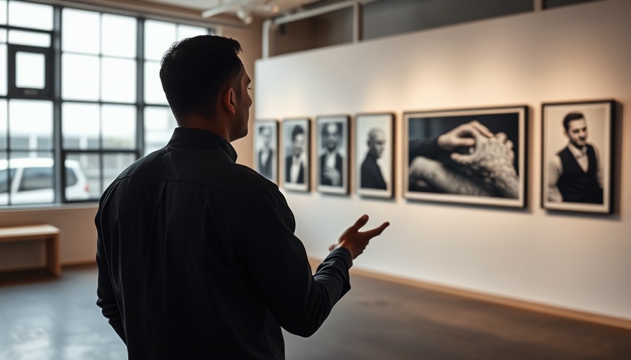 Man viewing black-and-white exhibit in Denver news gallery.