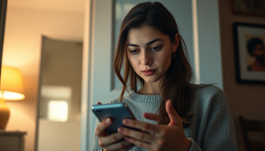 Young woman reading Denver local news on smartphone indoors.