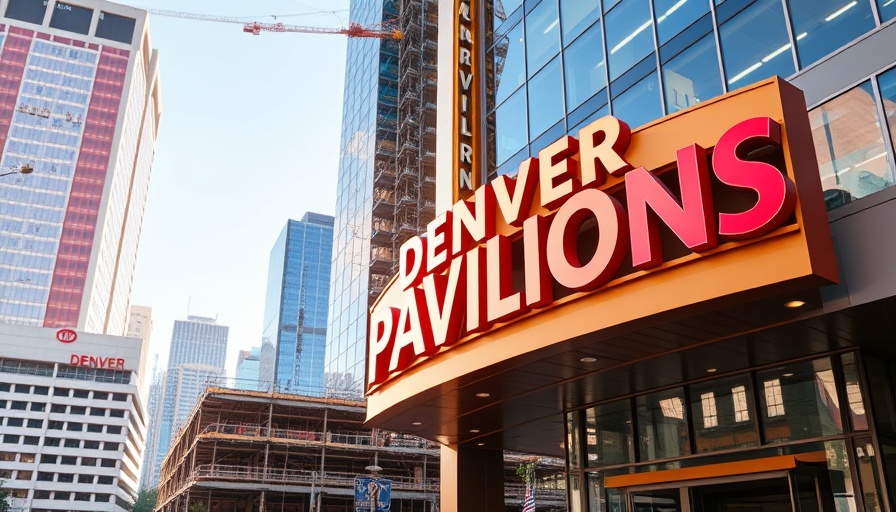 Denver Pavilions sign with construction in progress under clear skies.