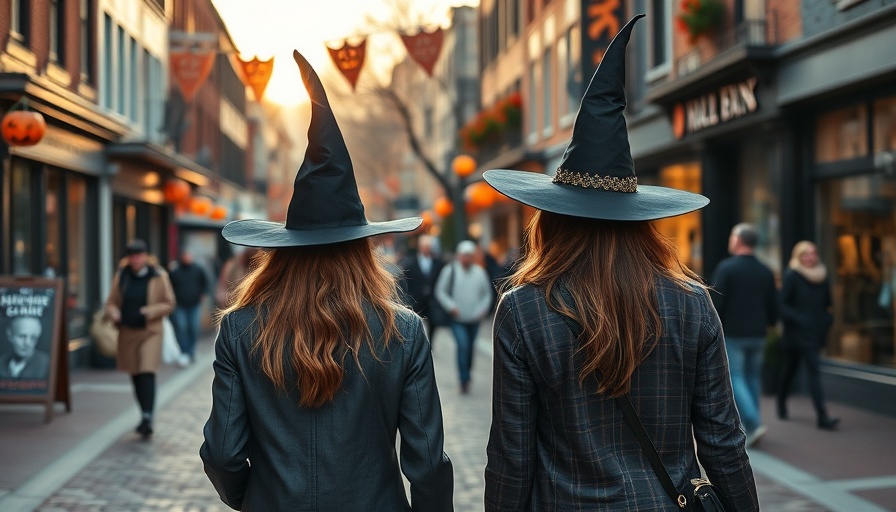 Witch hats Halloween street scene, perfect for Halloween travel destinations 2025.