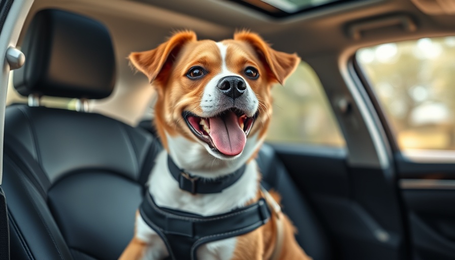 Playful dog in a car seat with safety harness, dog safety harness for car travel.