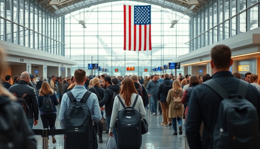 Impact of federal government shutdown on travel depicted at busy airport security.