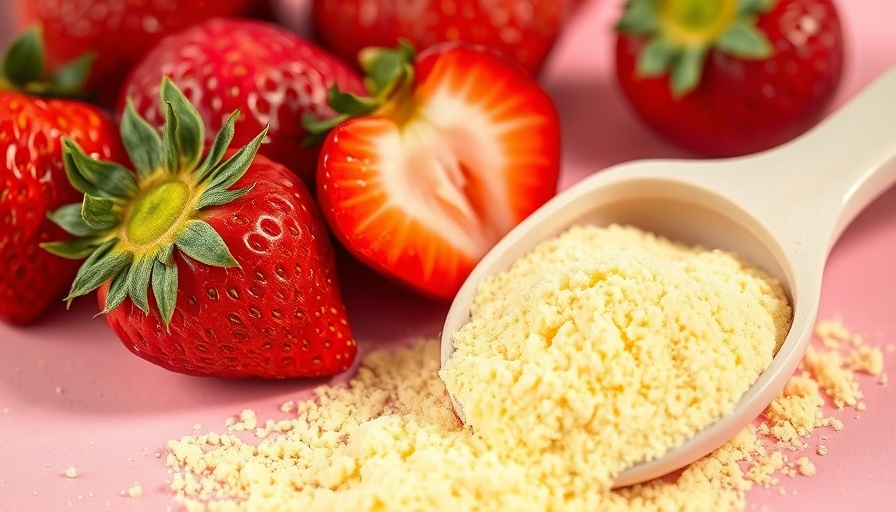 Scoop of creatine powder with strawberries on pink background.