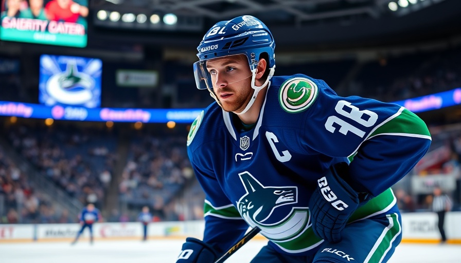 Vancouver Canucks player focused on ice, showcasing team logos and colors.