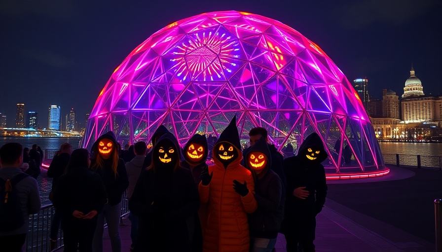 Vancouver Halloween activities at illuminated geodesic dome, city night view.