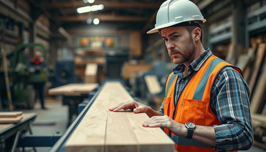 Industrial worker examining lumber, highlighting Trump tariffs on Canadian timber.