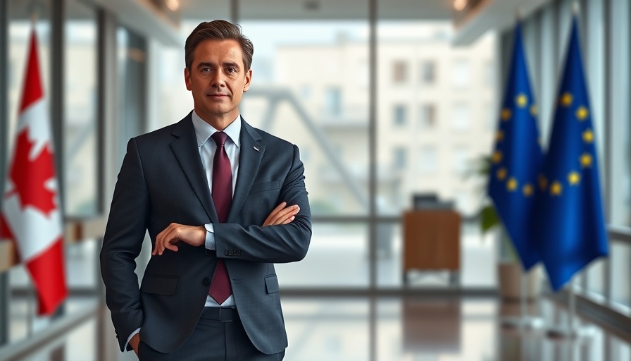 Canada EU envoy appointment depicted with flags in office setting.