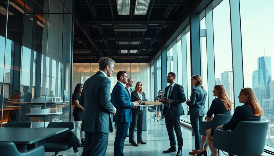 Corporate professionals discussing Maple Leaf Foods spinoff in a modern office.