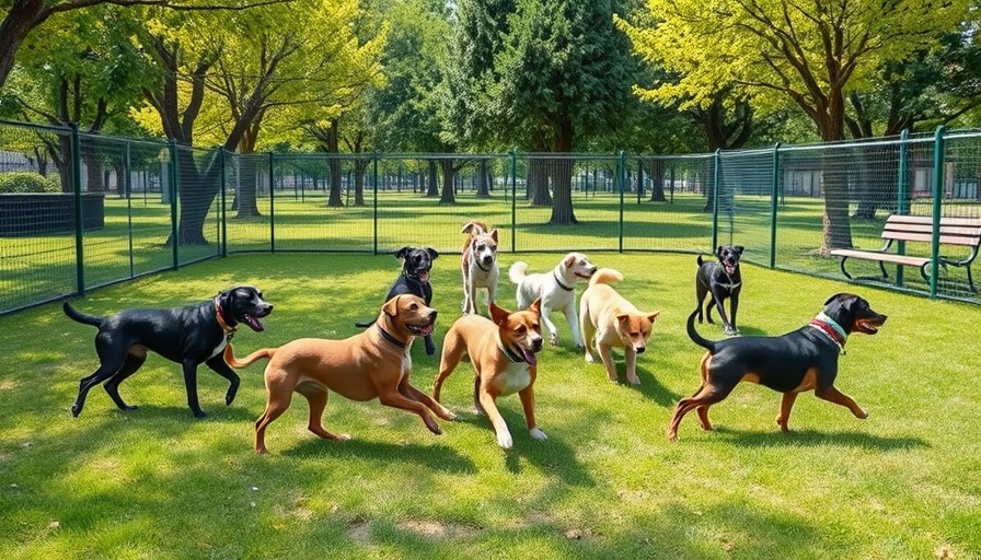 View of a dog park focusing on safety with dogs playing behind a secure fence.
