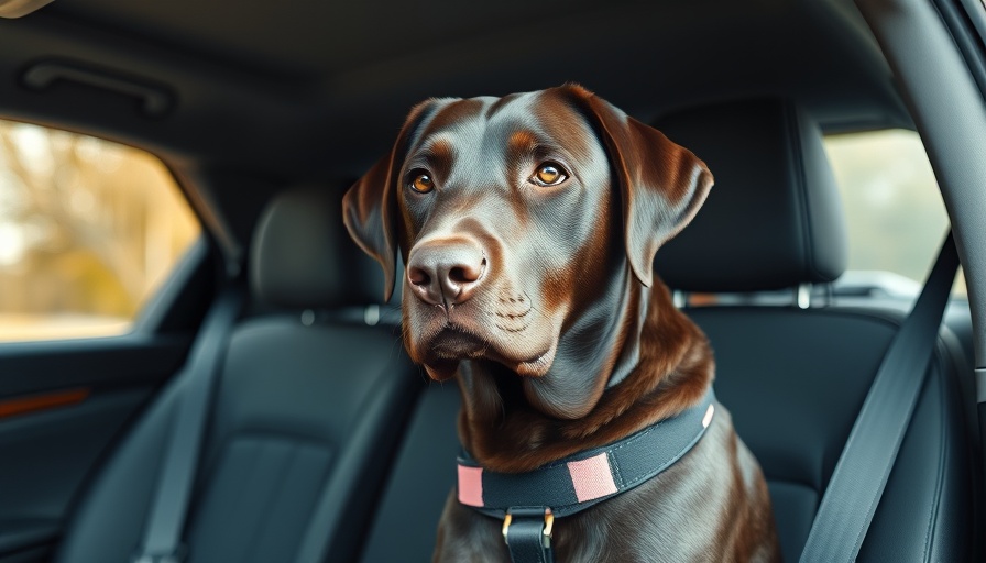 Dog wearing safety belt for car travel on car seat.