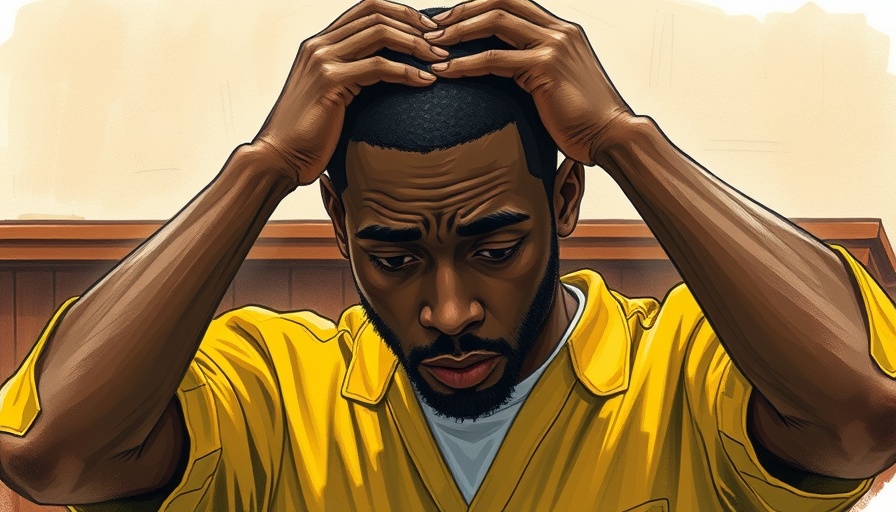 Courtroom sketch of distressed man in yellow uniform.