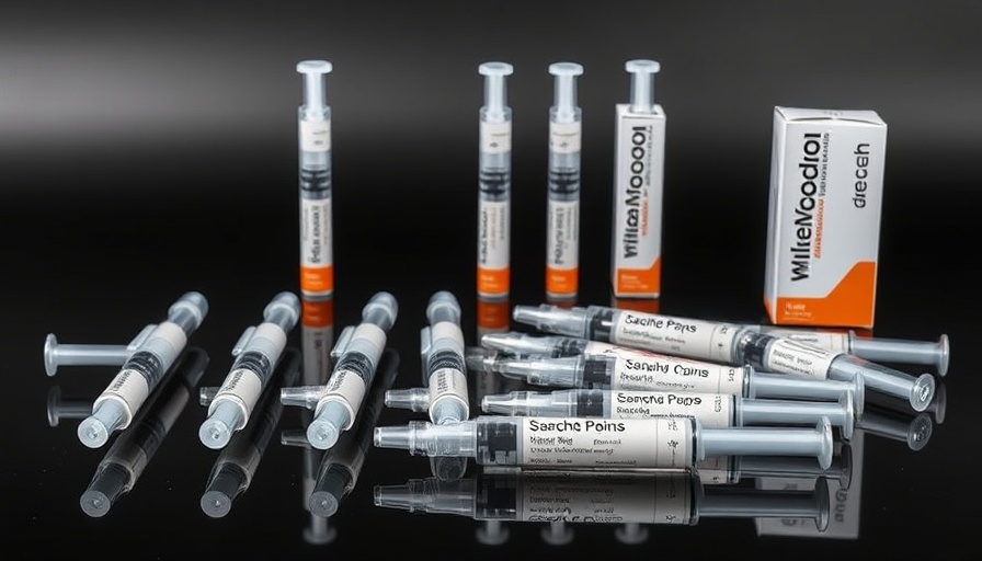GLP-1s for obesity, injection pens array on black reflective surface.