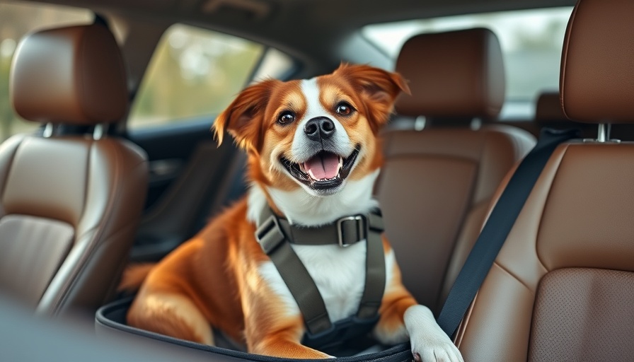 Dog secured in car with safety harness, keeping your dog safe in the car.