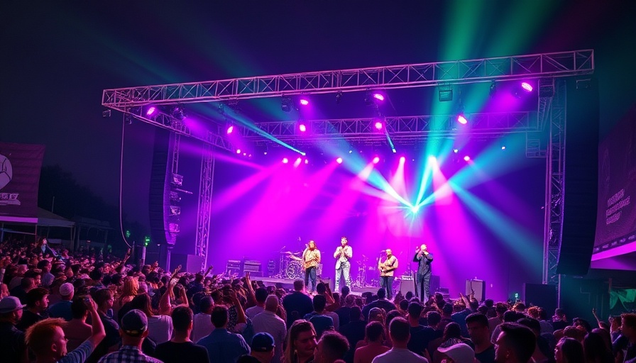 Boulder Roots Music Fest 2025 vibrant stage with colorful lights and lively crowd.