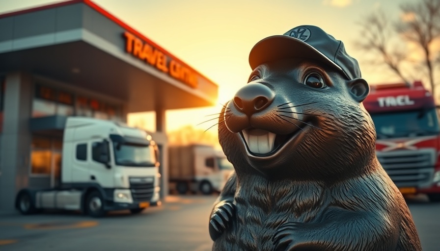 Buc-ee's travel center beaver statue at sunset with vehicles