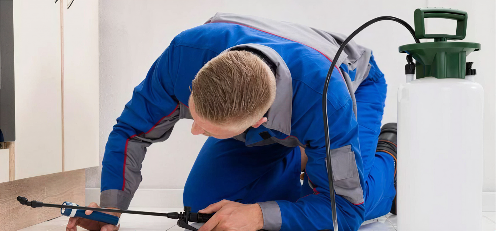 Apna Pest Control technician inspecting under kitchen appliance for cockroach and rodent entry points in Vancouver home