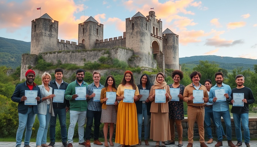 Group holding certificates at Wales National Armed Forces Day by castle.