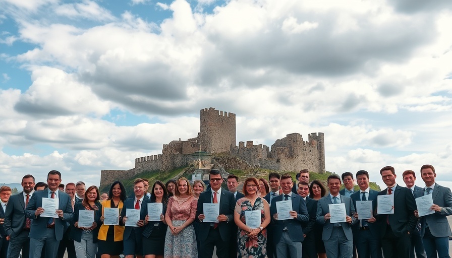 Group celebrating National Armed Forces Day Wales with ancient ruins backdrop.