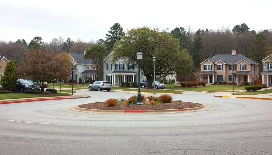 Suburban roundabout, overcast sky, no traffic, Newport area.
