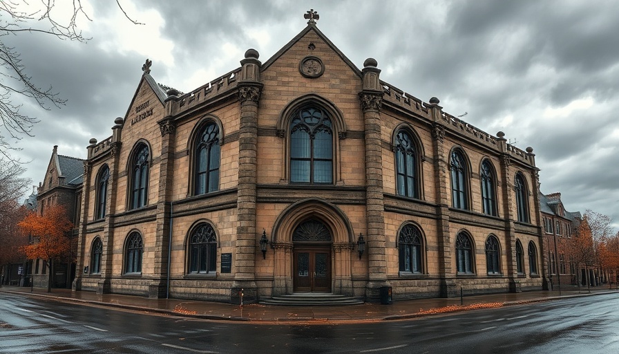 Historic Abergavenny Library highlighting Gothic architecture on a cloudy day.
