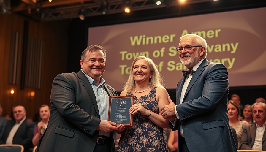 Abergavenny Town of Sanctuary Award presented to three individuals on stage.