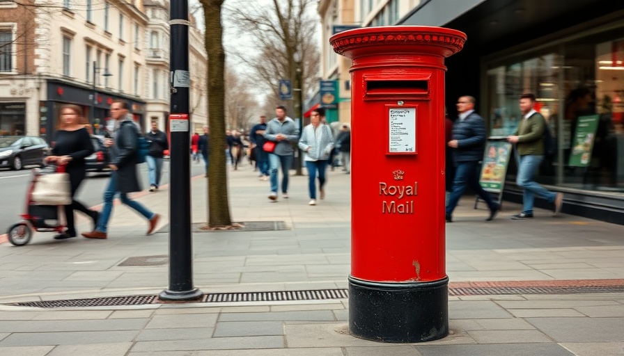 Bright red Royal Mail post box replacement on a busy street.