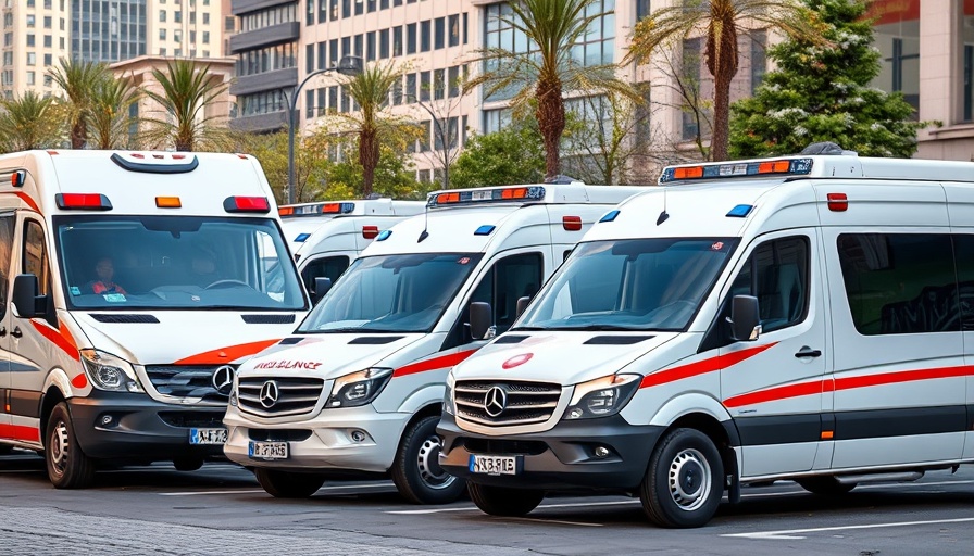 Modern ambulances parked in urban area, showcasing designs and features.
