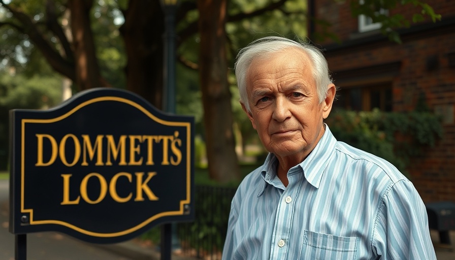 Older man by Dommett's Lock sign in leafy outdoor scene