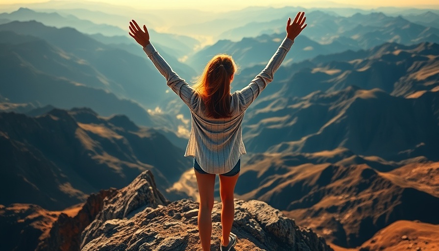 Confident woman celebrating success on mountaintop at sunrise, symbolizing micro habits for macro results.