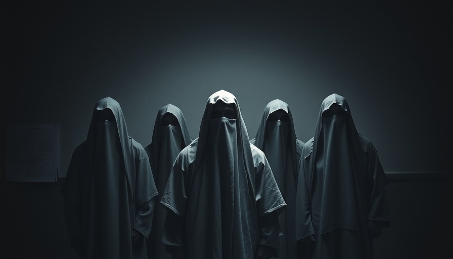 Masked figures in dimly lit room, intense atmosphere.