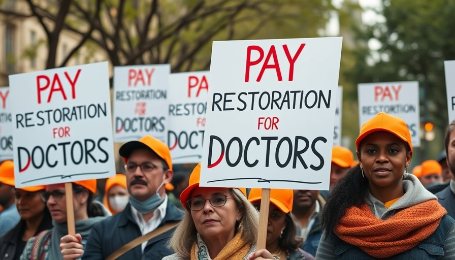 Doctors strike for 29% pay rise with protest signs and orange hats.
