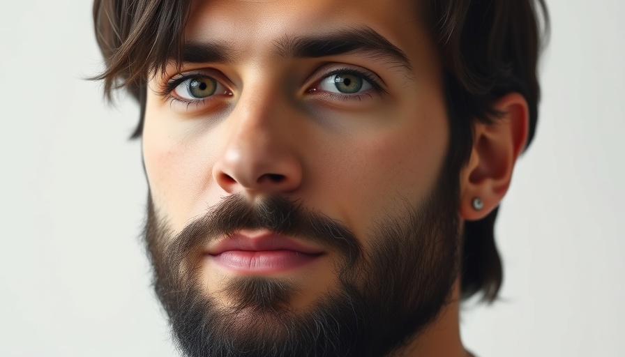 Close-up portrait of a man with dark hair and beard, neutral expression.