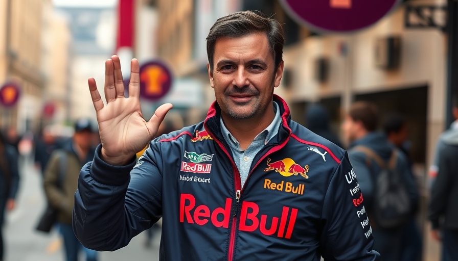 Christian Horner in Red Bull jacket waving confidently.