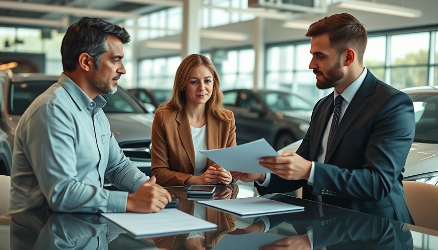 Couple discussing mis-sold car finance claim with dealer.