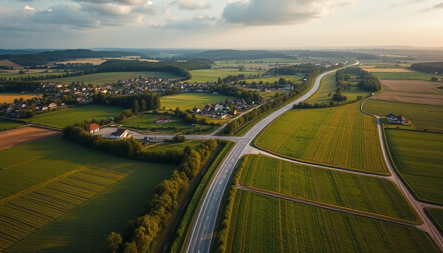 Aerial view of Kent rural road and village.