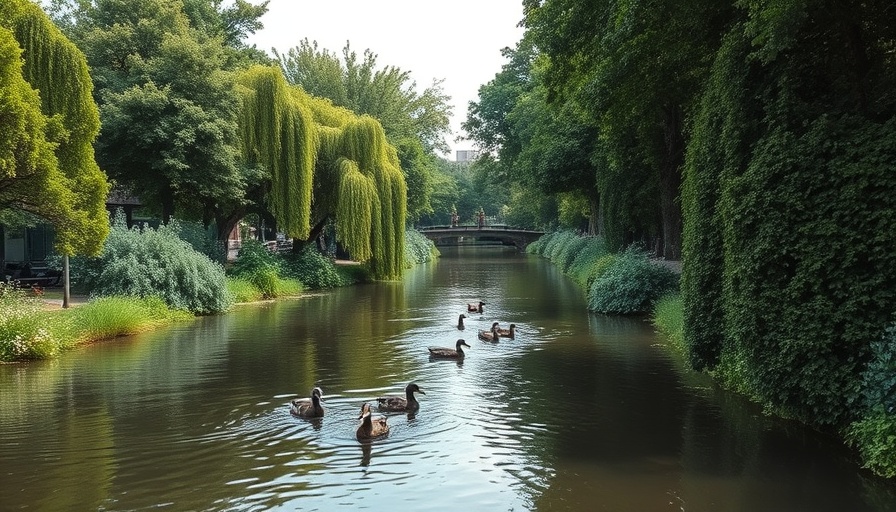 Scenic view of a canal with lush greenery and ducks swimming, highlighting Welsh Government canal protection.