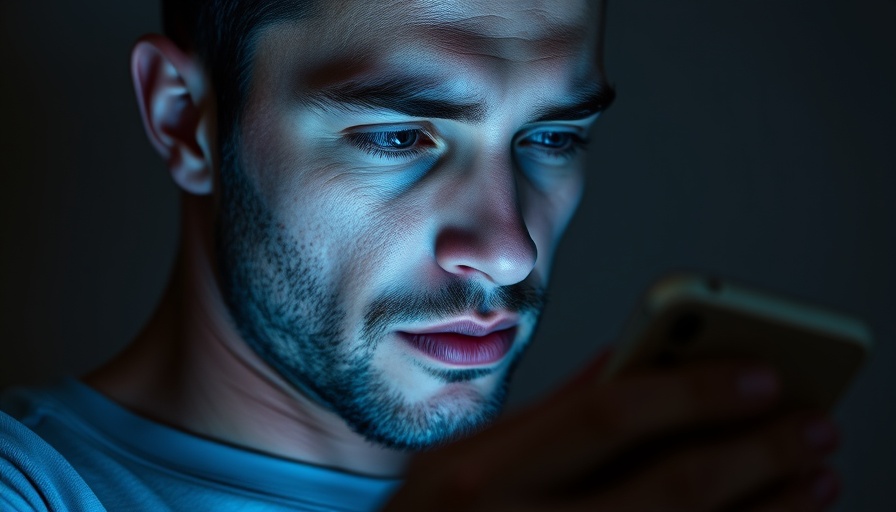Man focused on smartphone in blue light, showcasing need for blue light blocking skincare.