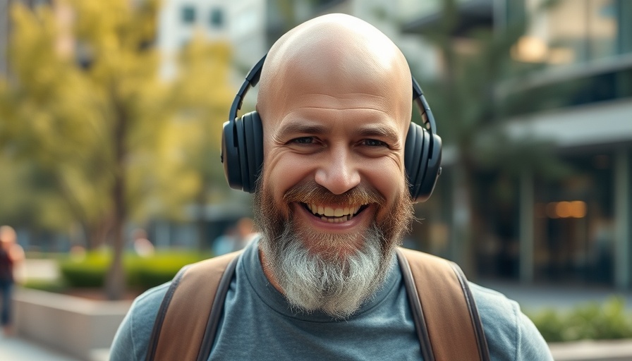 Bald man with headphones smiling, urban background.