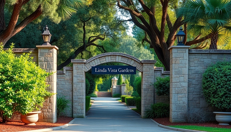 Charming entrance to Linda Vista Gardens surrounded by greenery.