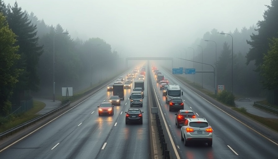 M4 highway morning rush hour delays with fog and dense traffic.