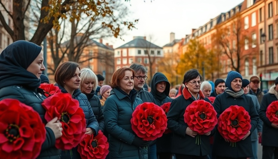 Gallery Oriel Caldicot remembrance ceremony with people holding poppy wreaths.