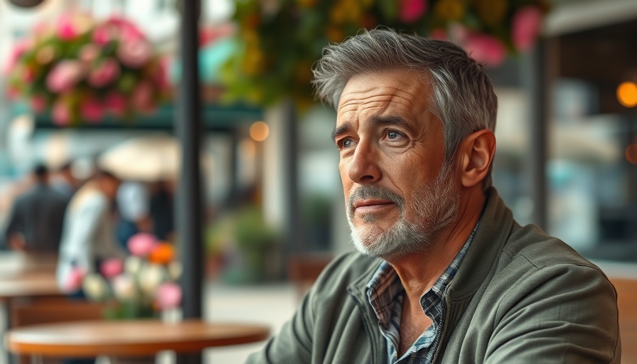 Thoughtful man seated in cafe, highlighting the impact of sexual violence on victims.